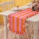 HunnmingRe Ruffle Edge Striped Table Runner 118 x 15.7 Inch Scalloped Table Cover Farmhouse Linen-Cotton Blend Fabric Tabletop Decor for Home Kitchen Dinner Wedding Bridal Shower Party