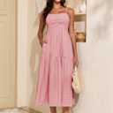 Women Spaghetti Straps Smocked Maxi Dress Tiered Pleated Beach Sundress | Boned Bodice Beach Long Dress With Pockets Square Neck Flowy Swing Ruffled Summer Boho Dress Casual Vacation Outfits (Pink, XS)