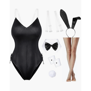 Anime Womens Bunny Girl Costume One Piece Bodysuit Halloween Cosplay Catsuit Bunny Headband Stockings Set, Size S