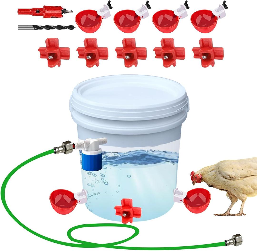 Automatic Chicken Waterer Kit, Chicken Water Feeder with Water Hose, Chicken Waterer Nipples Cups, Chicken Coop Accessories for Poultry Turkey Peafowl Quail Duck Goose (White)