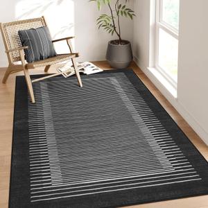 Wonnitar Washable Striped 5x7 Washable Area Rug, Non-Slip Black Berber Stripe Rugs for Living Room, Low Pile Minimalist Floor Carpet Rugs for Bedroom Dining Room Home Office (Black)