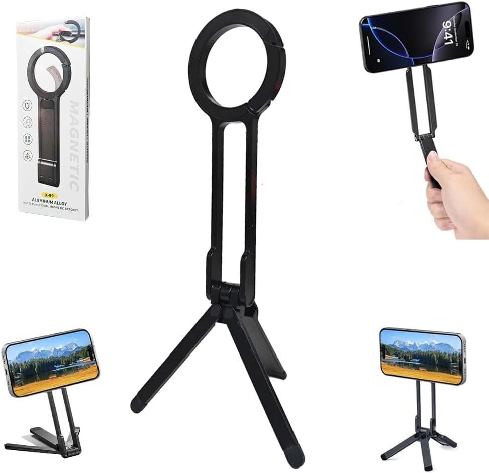 Ma38 Magnetic Phone Tripod for iPhone, Foldable Portable Phone Holder, Strong Magnet Quick Mount, Aluminium Alloy Stand for iPhone17/16/15/14/13/12(1pcs Black)