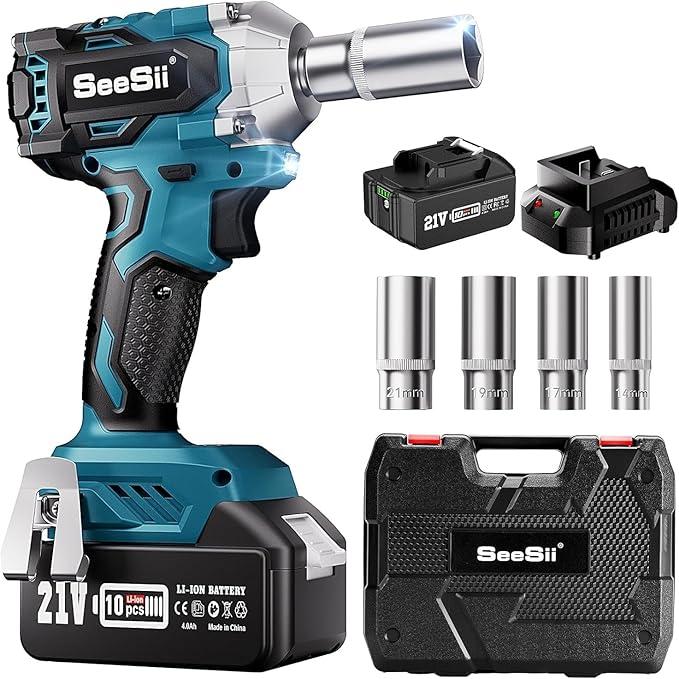 Seesii 3/8" Cordless Impact Wrench, Power Impact Gun w/Max Torque 330Ft-lbs(450N.m), 4.0Ah Rechargable Battery & 4 Sockets, Compact Power Impact Wrench for Lightduty Work Car Home,WH450