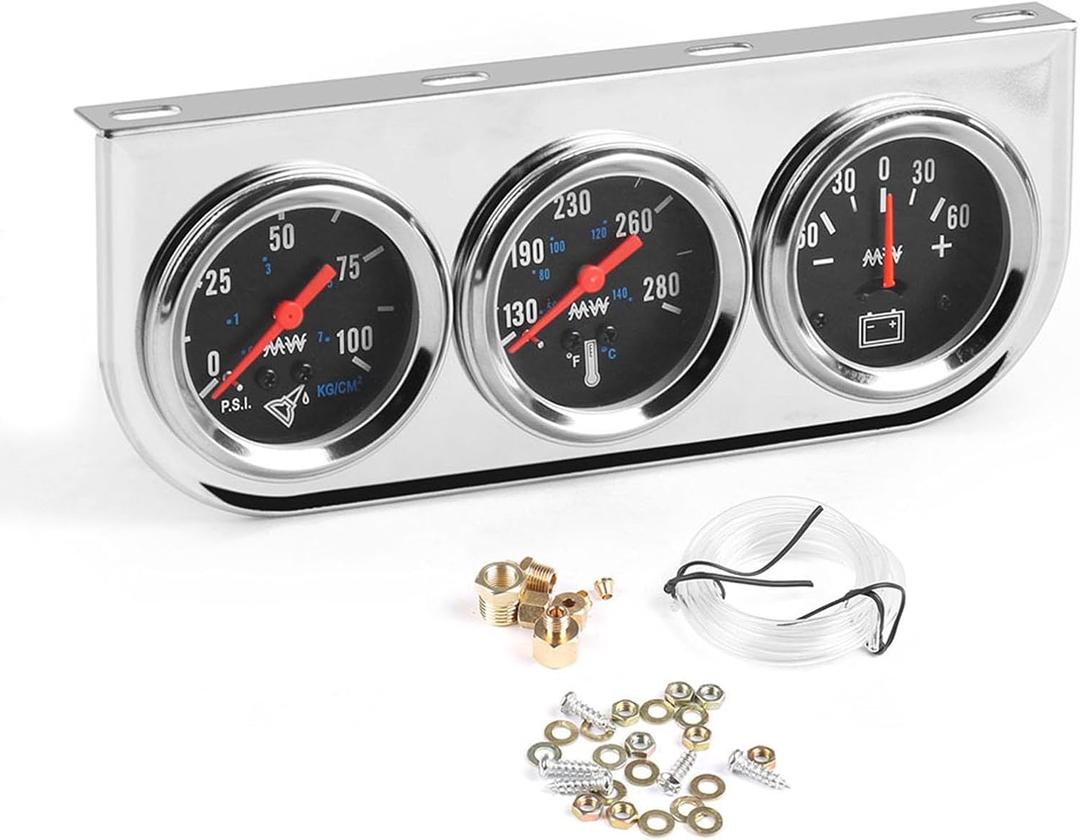 2" 52mm Car Triple Gauge Kit Set Chrome Panel Mechanical 3 in 1 Oil Pressure Gauge Fahrenheit Water Temperature Temp Gauge AMP Ammeter Gauges Meter Black Face