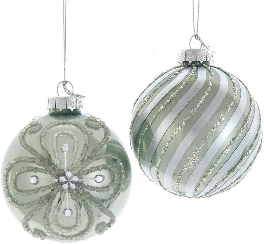80MM Silver and Pale Aqua Embellished Ball Ornaments, 6 Piece Set