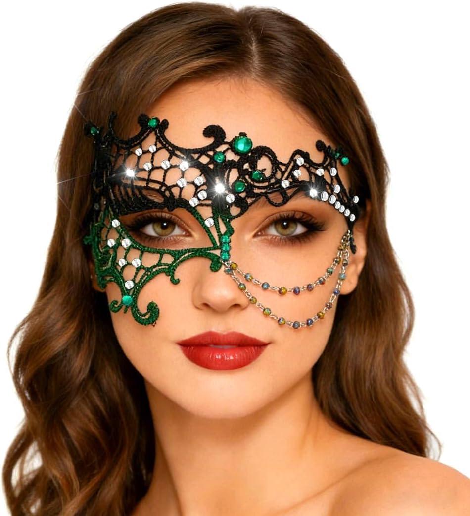 Yalice Women Masquerade Lace Mask for Costume Party Shiny Beads Half Face Mask with Rhinestones Ball Accessories