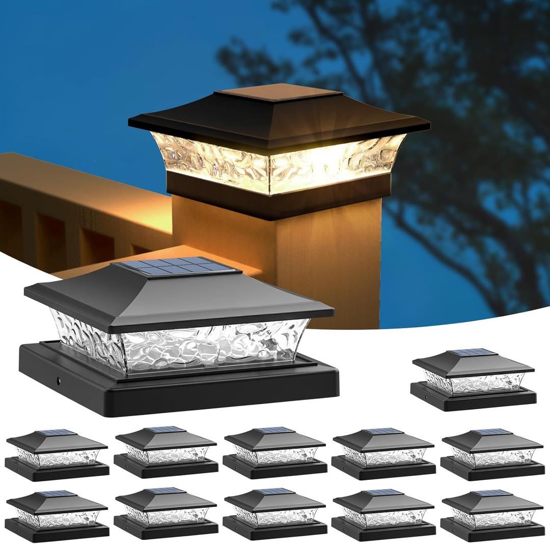 APONUO Solar Post Cap Lights 12 Pack for 4x4 5x5 6x6 Wood & Vinyl Fences - IP65 Waterproof, All-Night Auto On/Off, Warm/Cool White Light, Outdoor Deck Patio Garden (Black)