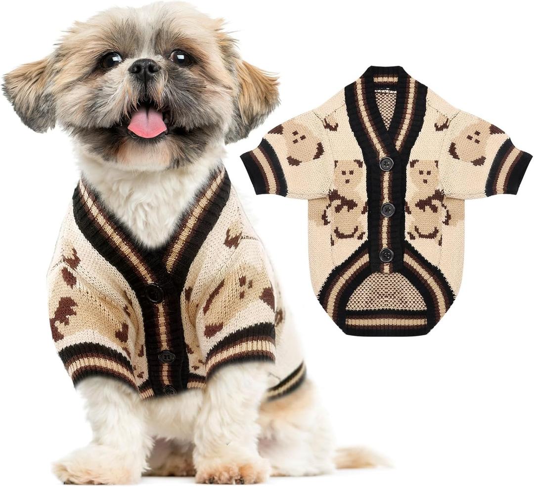 ABRRLO Small Dog Sweaters Cute Bear Dog Cardigans Clothes for Small Medium Dogs Boy Girl Puppy Cat Knitting Cardigan Outfits Dogs Winter Coats Warm Pet Doggy Clothes Soft Knitwear Apparel (Beige,XS)