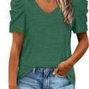 XIEERDUO Womens Summer Shirt V Neck Casual Tshirts Puff Sleeve Tops for Women Solid Color XS-3XL (Small, 06-green)