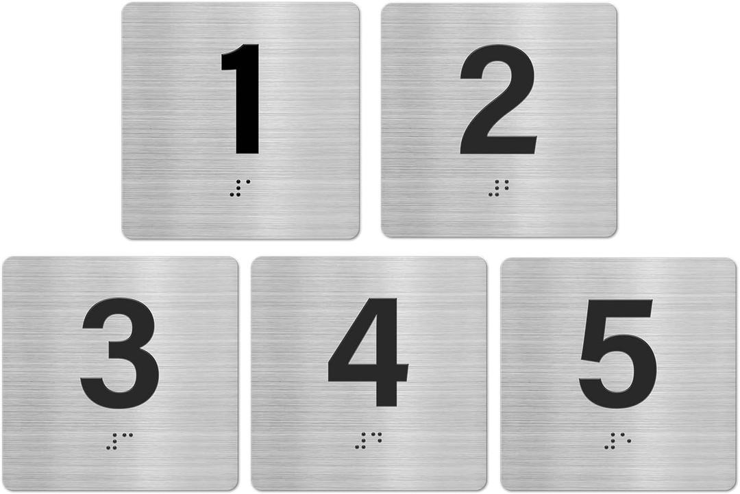 Room Number 1-5 Signs 6" x 6" with Braille and Tactile Identification ADA Compliant Exam Room Door Sign Plaque for Business Offices Educational Institution Directional Assistance Test Center (Sliver/Black)