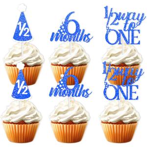 18pcs Blue Glitter 6 Months Dessert Cupcake Topper Cheer to 1/2 Way to One Theme Decor Supplies Baby Shower Boys Girls Happy Half Birthday Party Decorations