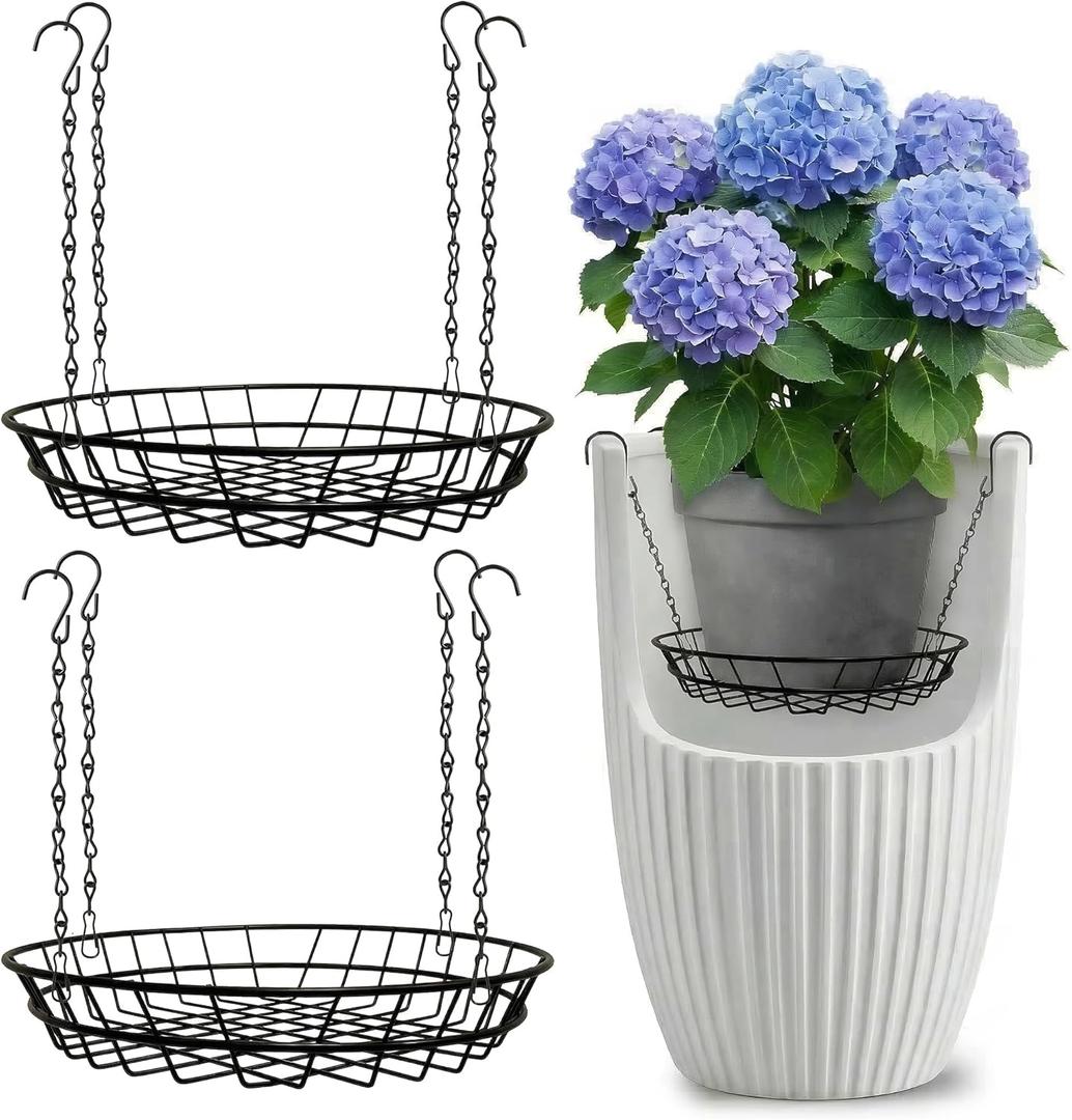 2 Pack Adjustable Plant Risers for Large Tall Pots, 12-18" Planter Insert, False Bottom Pot Filler with 4 Hooks & Chains, Holds 48 lbs Rustproof Soil Saver for Indoor Outdoor Planters (Black)