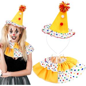 2 Pcs Halloween Clown Costume Set Jester Hat Headband Ruffle Collar Accessory Joker Outfit for Halloween Cosplay (Rainbow)