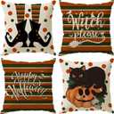 Happy Halloween Pillow Covers Witch Please Cat Pumpkins Throw Pillow Cases Set of 4 Autumn Decorations for Farmhouse Home Bedroom Sofa Couch Outdoor Holiday Decor 16x16 Inch