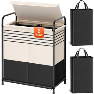 Kitsure Laundry Hamper with Lid - Spacious Double-Section Laundry Basket with Lid & Removable Inner Bags, Portable Clothes Hamper for Bedroom, Bathroom, Dorm, 120L, Black