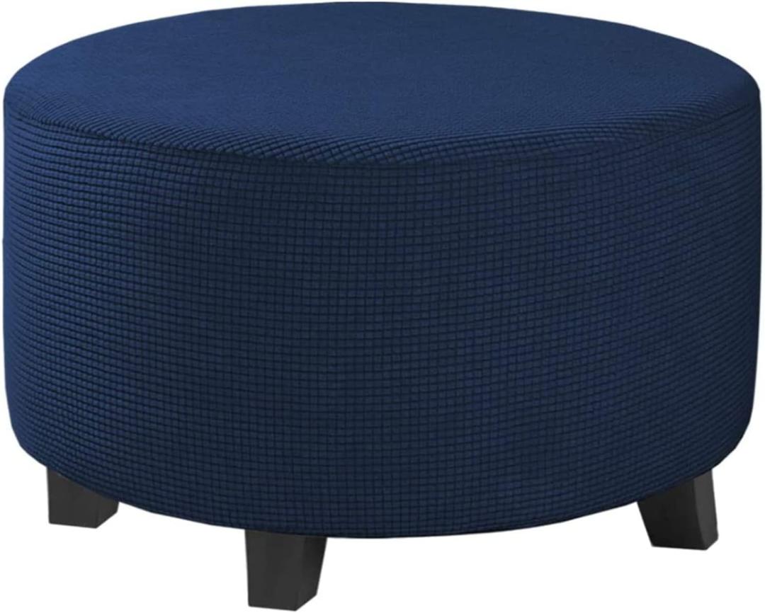 Stretch Ottoman Slipcover  Round Furniture Protector Fits 30"-41" Dia, for Footrests, Storage Ottomans & Folding Stools  Elastic Fabric Cover (Navy, X-Large)