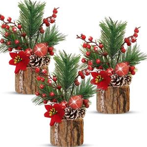 3 Pcs 11 Inch Tabletop Christmas Tree Decorations with Christmas Ornaments Pine Cone Berry Bookshelf Decor for Holiday Room Party Winter Home Indoor Outdoor (Poinsettia)