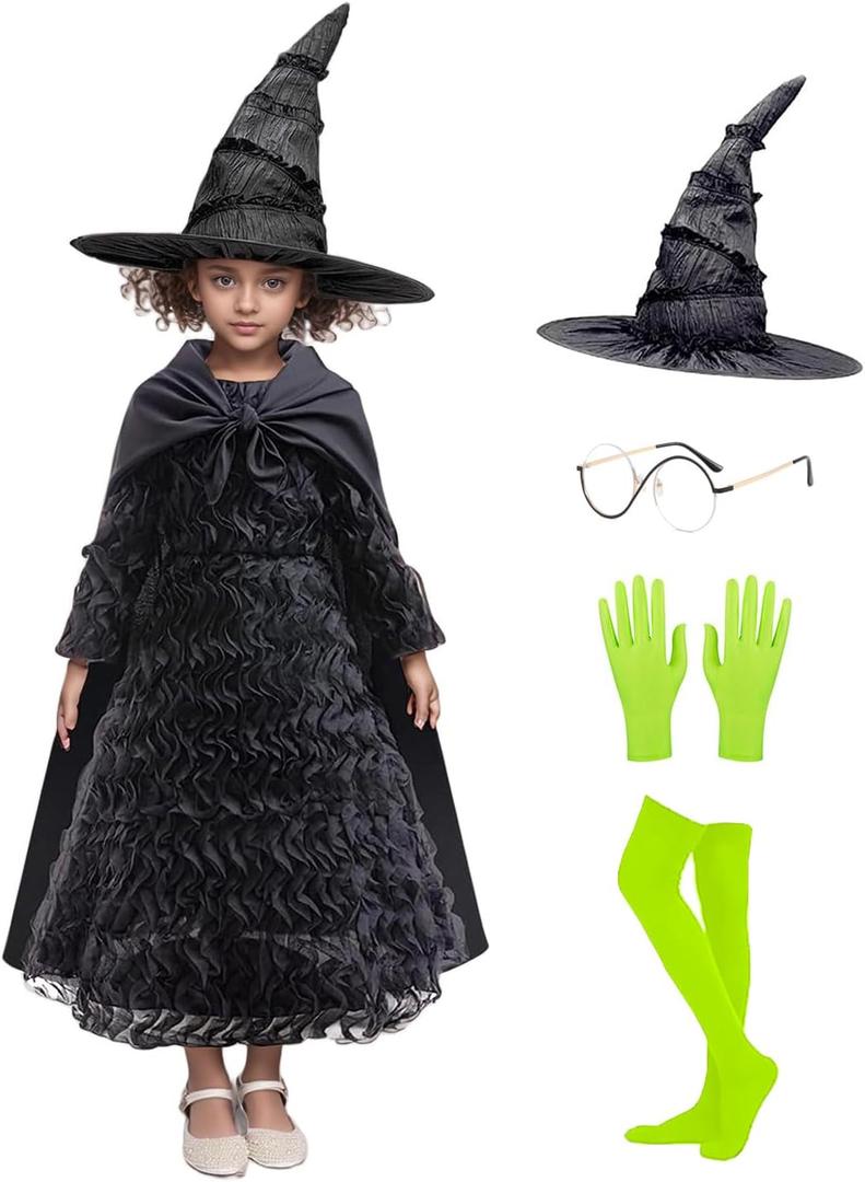 Halloween Girls Witch Dress Black Ruffled Dresses Set with Cape Glasses Gloves Stockings Pointed Hat for Kids (9-11 Years)