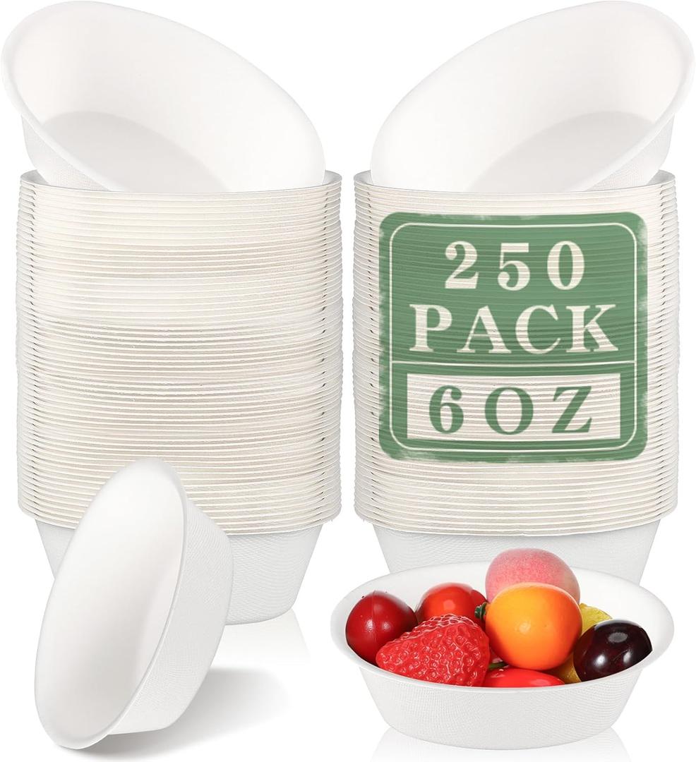 Dandat 6 oz Disposable Paper Bowls Bulk Small Bagasse Dessert Bowls for Ice Cream Soup Salad Pasta Party Supplies Picnic Banquet Barbecues Pet Food(White,250 Pcs)