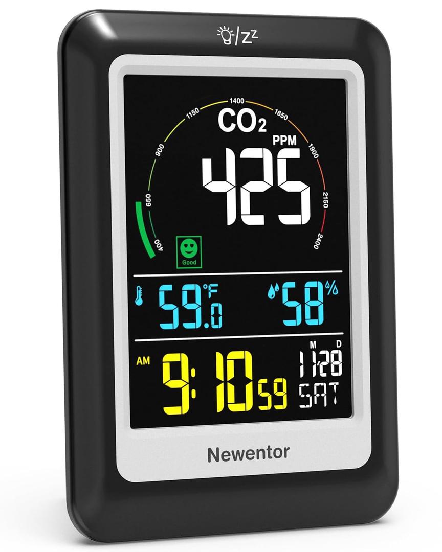 Newentor CO2 Monitor, Indoor Air Quality Meters, Carbon Dioxide Detector with Voice Alert, Large Display CO2 Tester, Temperature Humidity Sensor, Alarm Clock for Home, RV, Grow Tents, Black (Pack of 1) Newentor CO2 Monitor, Indoor Air Quality Meters, Carbon Dioxide Detector with Voice Alert, Large Display CO2 Tester, Temperature Humidity Sensor, Alarm Clock for Home, RV, Grow Tents, Black (Pack of 1)