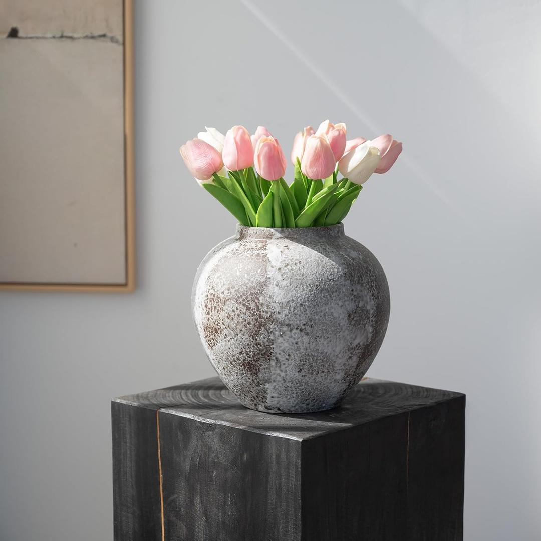 Rustic Farmhouse Round Flower Vase,7.9 in Wide Mouth Brown White Vintage Handmade Ceramic Terracotta Stoneware Pottery Clay Vase,Wabi Sabi Home Living Room Table Decor,Gift for Women Girls