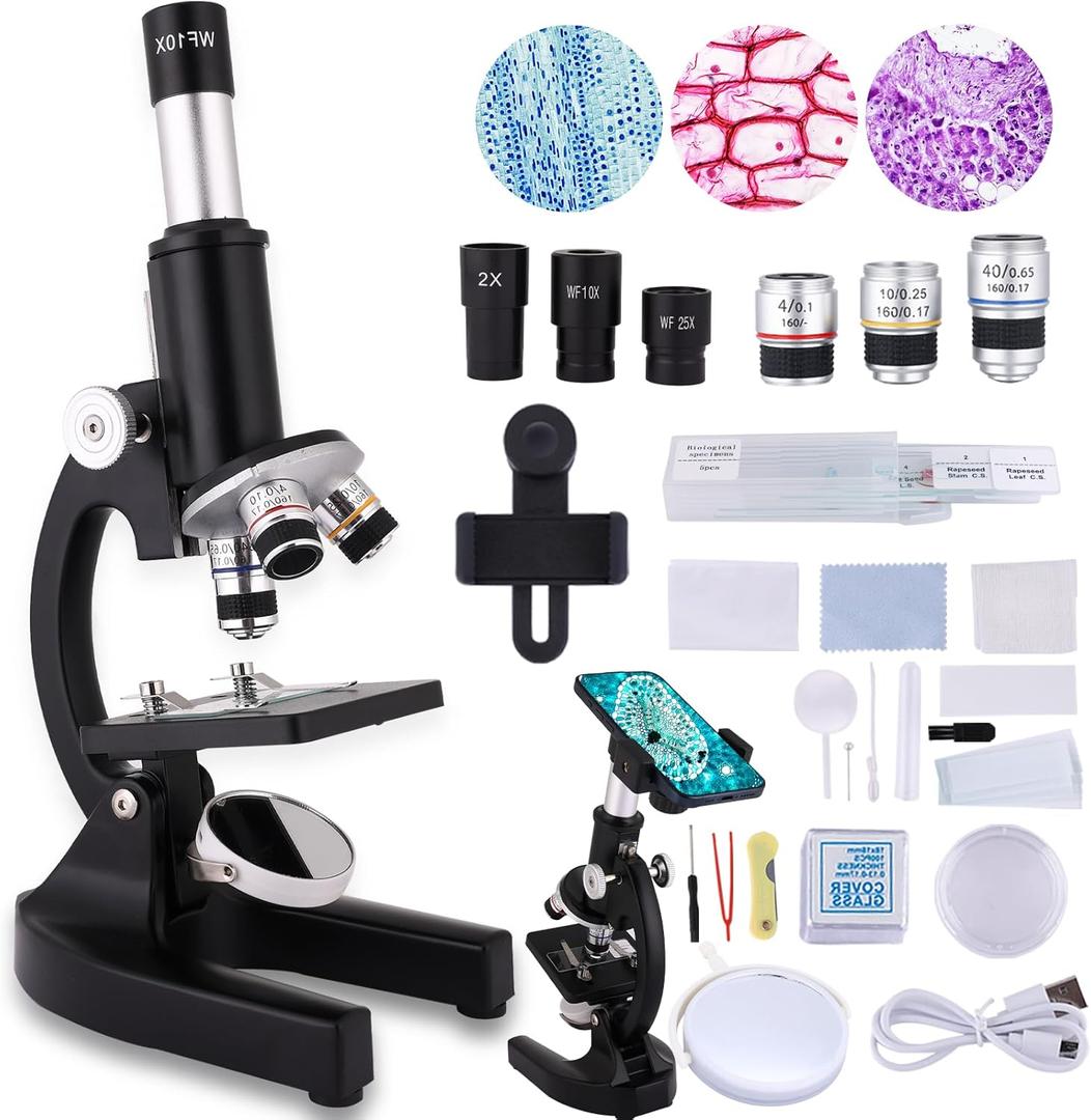 Microscope for Kids & Adults,40X-2000X Microscope with Phone Adapter & Slides Set,Suitable for Students School Lab and Home Education (black)