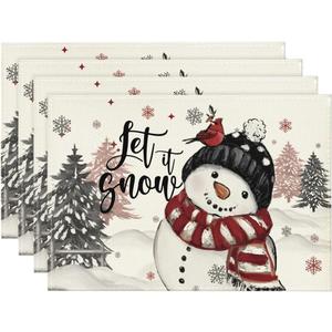 Artoid Mode Let It Snow Snowman Christmas Placemats Set of 4, 12x18 Inch Winter Table Mats for Party Kitchen Dining Decoration (Black)