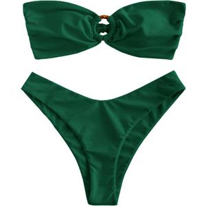 ZAFUL Women's Bandeau Bikini O Ring Strapless Tie Back High Cut Two Piece Swimsuit Bathing Suits (Medium, 1-dark Green)