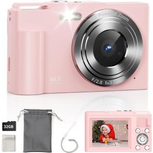 Digital Camera for Kids, FHD 1080P Point and Shoot Children's Camera with 16X Digital Zoom, Anti-Shake, Flash, 32GB Card, Portable Compact Travel Camera for Boys, Girls (Pink)