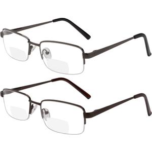 Yogo Vision Reading Glasses Set of 2 Bifocal Half Rim Metal Glasses for Reading Quality Spring Hinge Readers Men and Women Set of Gunmetal and Brown 1.75