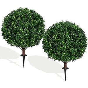 27.5" Artificial Boxwood Topiary Ball Tree, Set of 2 Fake Bushes Shrubs with Ground Spike, UV Resistant Faux Evergreen Boxwood Trees for Front Porch Planters Outdoor Garden Decor