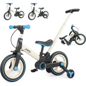 JMMD 6 in 1 Toddler Bike with Push Handle for Kids 18-60 Months, 12" Foldable Balance Bike with Training Wheels, Pedals, Brakes, Kickstand, Push Tricycle Toddler Gift & Toys for Boy & Girl, Large