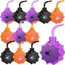 Tanlade 12 Set Halloween Spider Cups with Straws 10 oz Plastic Spider Birthday Party Favor Cup Spiderweb Party Decoration Supplies for Son Daughter Kids Trick or Treat Halloween (Black,Purple,Orange)