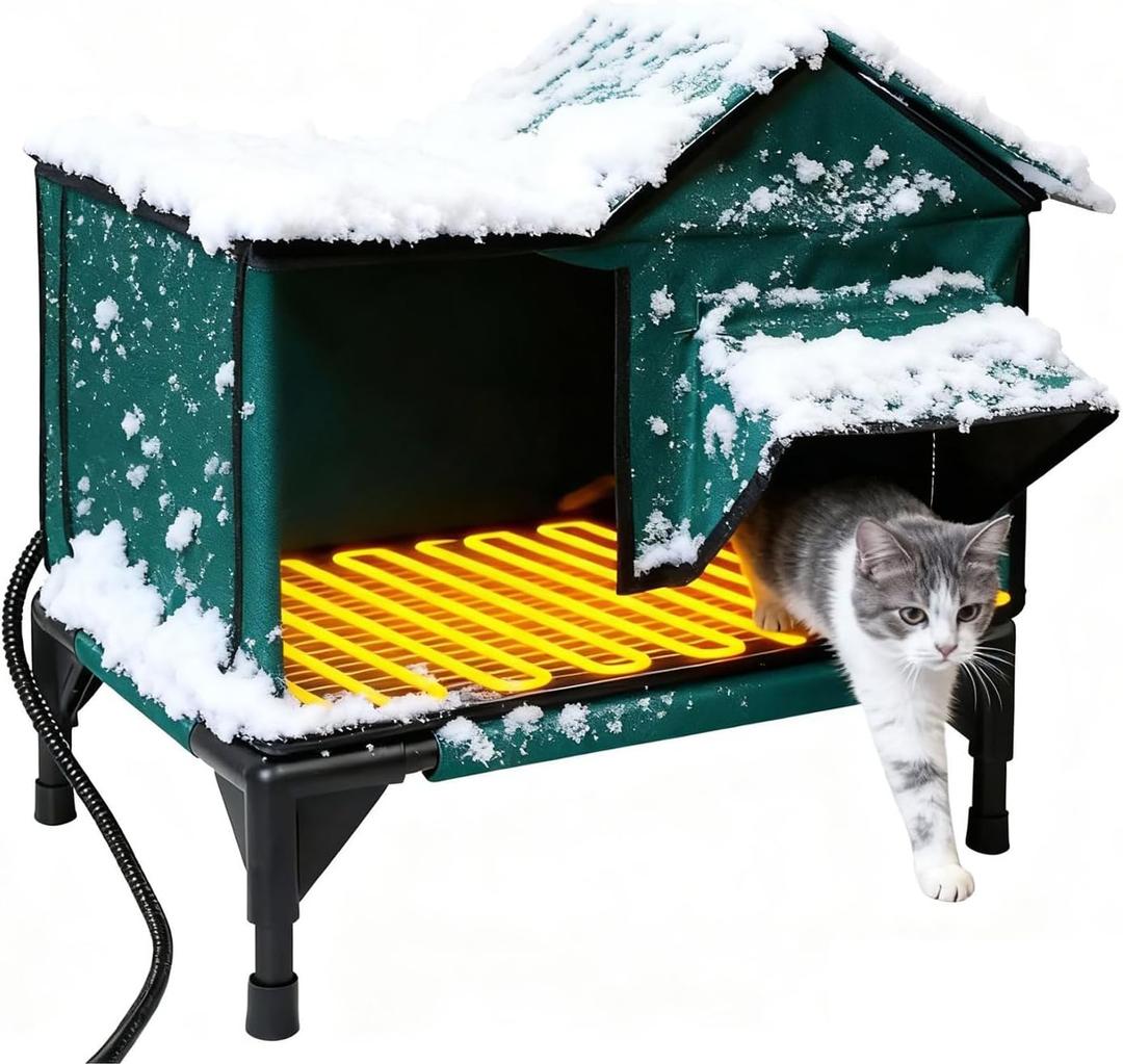 BARKBUDDY Heated Cat House for Outdoor & Indoor Use in Winer, 113F Constant-Temperature Heating Pad Waterproof Windproof Warm Shelter Cat Houses (Green, Medium (21" L x 13" W x 20" H))