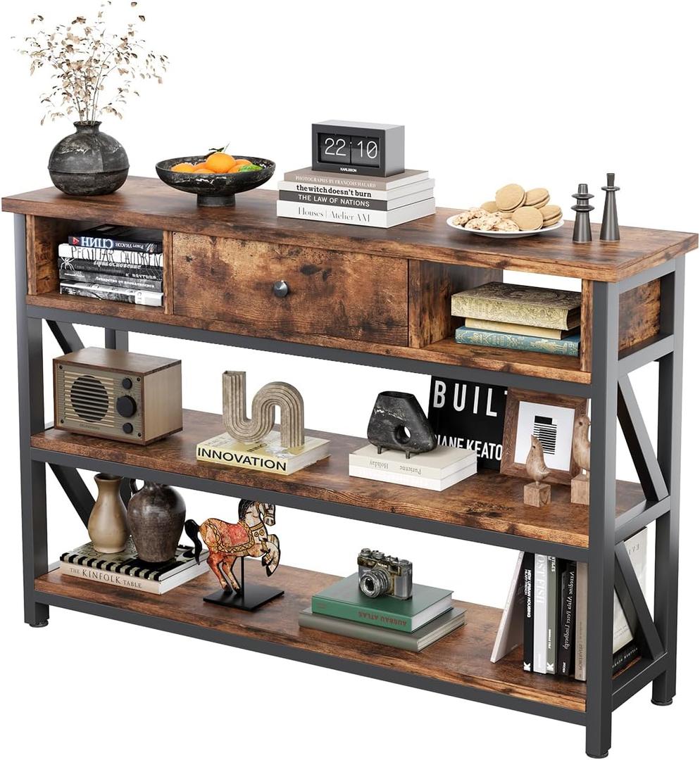 Mexin 39 Inch Console Sofa Table with Drawer, Entryway Table with Storage Shelves, Industrial Wood Hallway Table for Living Room Couch Foyer Kitchen Counter, Rustic Brown
