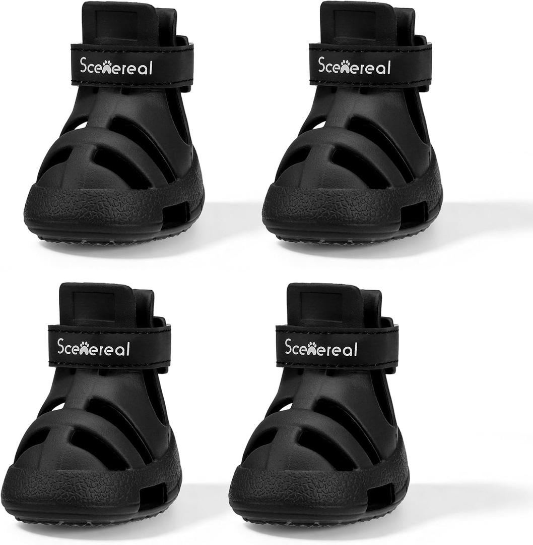 SCENEREAL Dog Shoes for Hot Pavement, Non-Slip Breathable Perforated Boots for Small Medium Large Dogs, EVA Pet Paw Protectors with Adjustable Straps for Summer, Easy Cleaning, Black Size 3