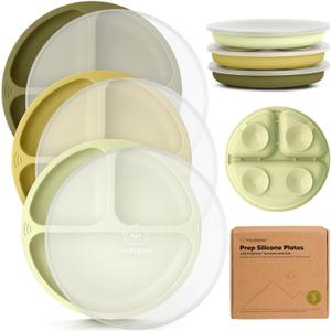 KeaBabies Suction Plates with Lids for Baby - 3-Pack 100% Silicone Toddler Plates with Suction, Divided, BPA-Free Baby Led Weaning Essentials for Kids, Dishwasher, Microwave Safe, Durable (Olives)
