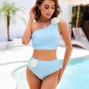 Women Bestselling Bikini Sets One Shoulder Swimsuits 2 Piece Tummy Control Bathing Suits High Waisted Floral 2025 (Blue, XL)