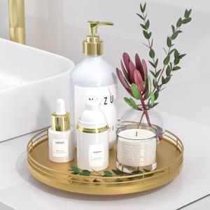 10" Gold Lazy Susan for Table Top, Oak Wood Lazy Susan Turntable Organizer for Dining Coffee Table Centerpiece Bar Decor Kitchen Countertop Bathroom Vanity Decorative Tray for Perfume Jewelry Round