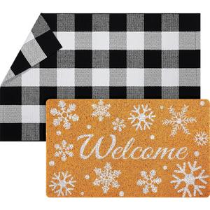 Geelin  Pcs Winter Welcome Mat Snowflake Door Mat Outdoor Black and White Buffalo Checkered Rug Decorative Snowflake Imitation Coir Layering Rug for Front Door Entrance