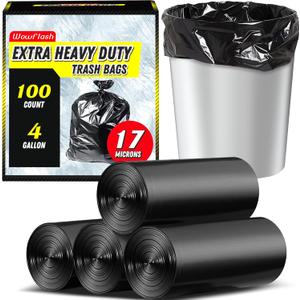 100 Count 17 Micron Extra Heavy Duty 4 Gallon Trash Bags, Sturdy & Tear-Resistant Small Trash Bags for Bathroom & Kitchen, Black