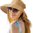 Beach Sun Hats for Women, Wide Brim Visor Hats of Paper Straw, Adjustable, Packable Ponytail Hats Floppy, for Beach Fishing Gardening Golf Hiking, Khaki (Beige)