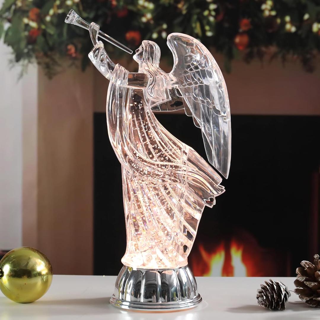Christmas Acrylic Statue, Light up LED Angel Snow Globe Lamp with Violin Figurine, Battery Operated Home Table Deck Decor Ornament, Gifts for Mom Girl Angel Lovers 12"