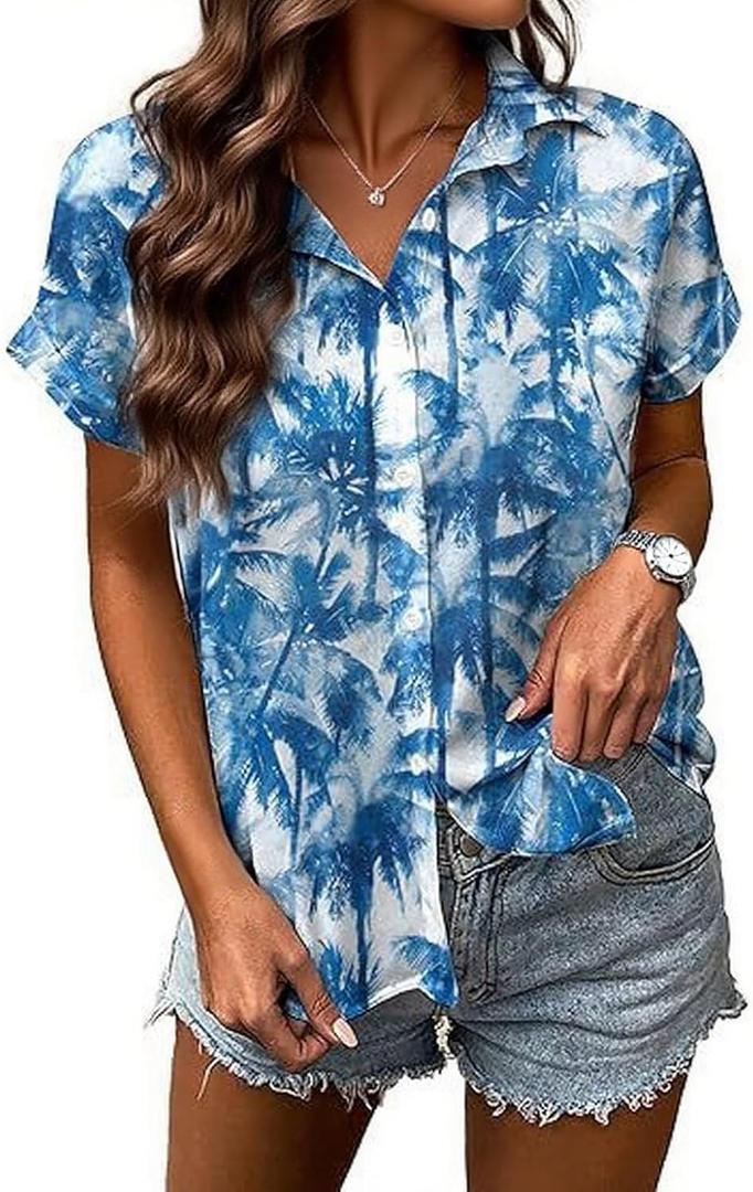Hawaiian Shirts for Women Soft Cool Hawaiian Shirt Beach Tropic Print V Neck T-Shirt Vacation Button Up Tops (Blue, M)