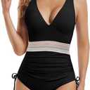 Buauty Women's One Piece Swimsuits Tummy Control Bathing Suits for Womens Color Block Drawstring V Neck Slimming Swimwear 2XL