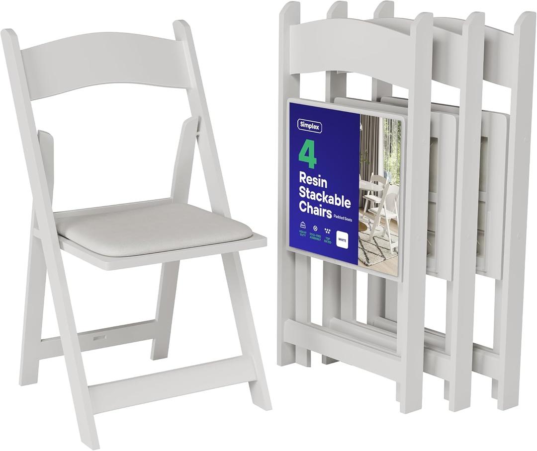 SIMPLEX 4 White Folding Chairs  Resin Stackable Foldable Chairs with Padded Seats  Comfortable White Folding Chairs for Indoor/Outdoor Events  Lightweight Resin Chairs (4 Pack)
