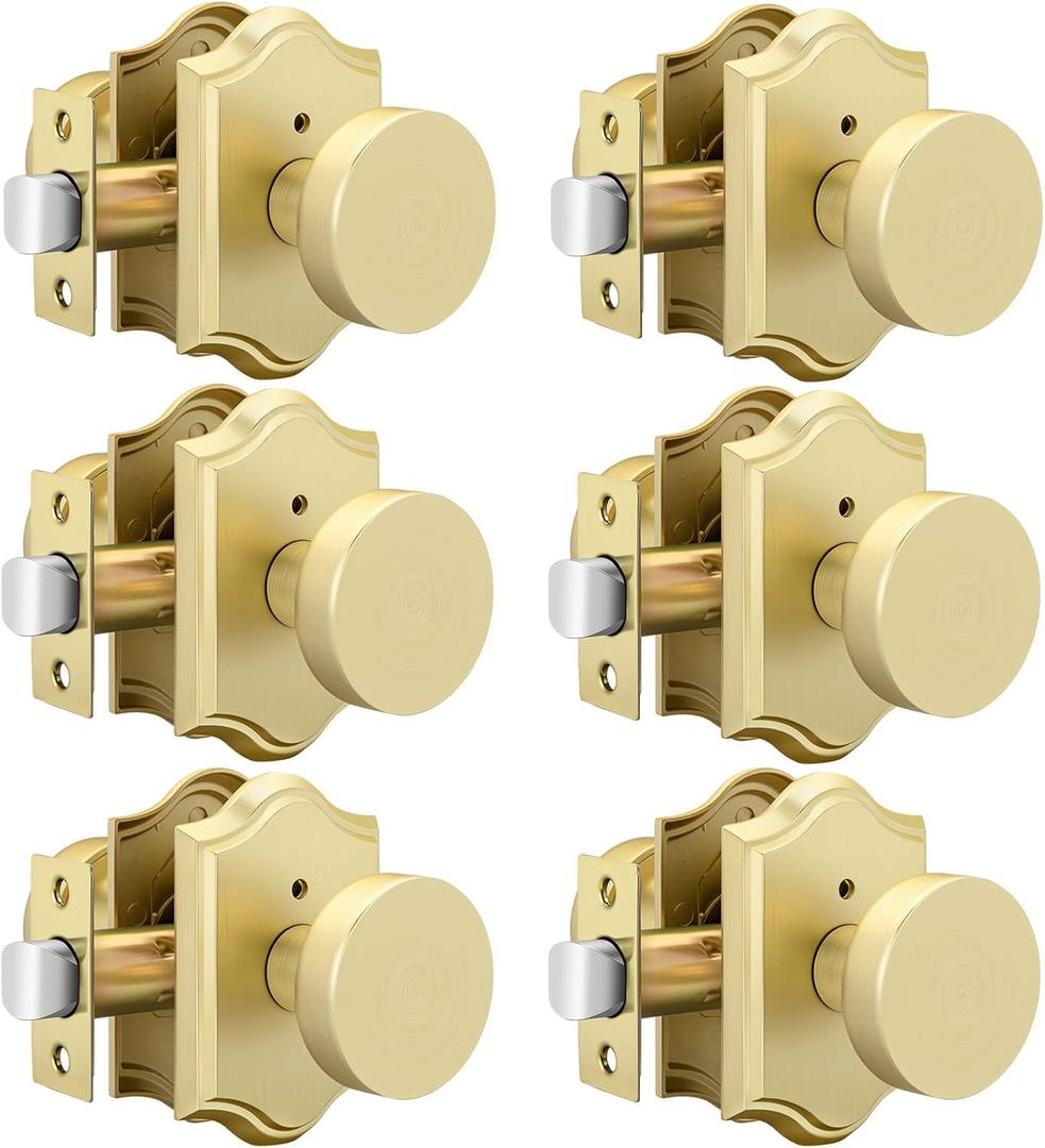 goldenwarm Gold Door Knobs Interior, Zinc-Alloy Heavy Duty Brushed Gold Door Knobs, Privacy Door Knob Interior for Bedroom Bathroom (6 Pack)