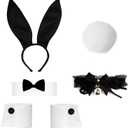 Rabbit Ear Headband,Bunny Costumes Set for Women,Pom-Pom Tail,Bow Tie,Bell Lace Neckline Knot Kit (Black)
