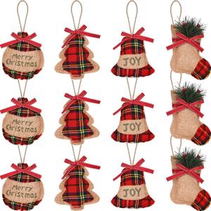 Jetec 12 Pieces Buffalo Plaid Christmas Ornaments Rustic Tartan Burlap Farmhouse Christmas Tree Decors Red Black Buffalo Xmas Tree Ball Plaid Stocking Bell Shaped Hanging Ornaments for Xmas Party
