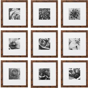 eletecpro 10x10 Picture Frames Set of 9 Classic Gallery Wall Frame Set Displays 5x5 Photo with Mat or 10x10 without Mat, Square Picture Frames Collage Wall Decor, Rustic Brown Modern Home Decor for
